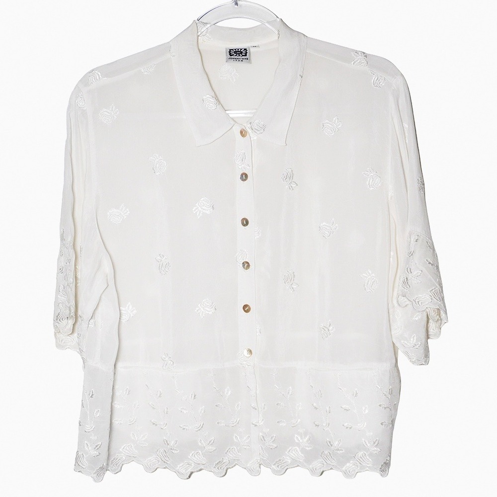 Johnny Was 0X White Embroidered Scallop Silk-Feel Blouse Luxury Boho Top Large - Picture 2 of 10